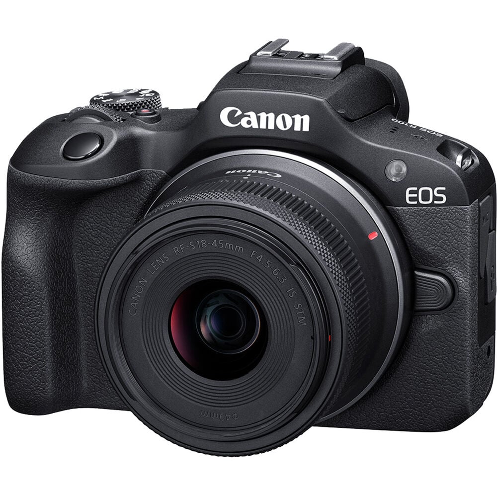 Canon EOS R100 Mirrorless Camera Travel Kit: 24.1MP APS-C sensor, DIGIC 8 processor, 4K 24p crop video, Dual Pixel AF, 6.5fps shooting, OLED EVF, Wi-Fi, Bluetooth, RF-S 18-45mm lens included.