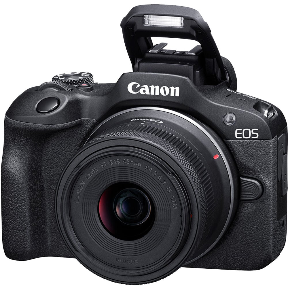Canon EOS R100 Mirrorless Camera Travel Kit: 24.1MP APS-C sensor, DIGIC 8 processor, 4K 24p crop video, Dual Pixel AF, 6.5fps shooting, OLED EVF, Wi-Fi, Bluetooth, RF-S 18-45mm lens included.