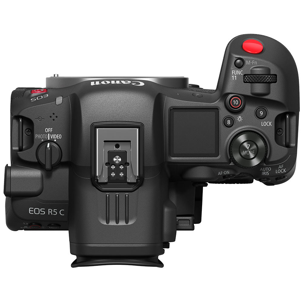 Canon EOS R5 C Mirrorless Camera: 45MP full-frame sensor, 8K 60p video, DIGIC X processor, RF mount, Dual Pixel CMOS AF II, 20fps shooting, 5-axis IS, OLED EVF, active cooling, professional recording formats.