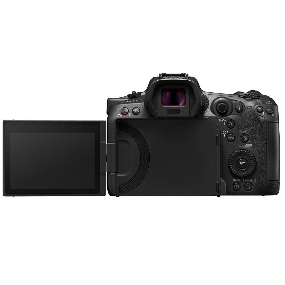 Canon EOS R5 C Mirrorless Camera: 45MP full-frame sensor, 8K 60p video, DIGIC X processor, RF mount, Dual Pixel CMOS AF II, 20fps shooting, 5-axis IS, OLED EVF, active cooling, professional recording formats.