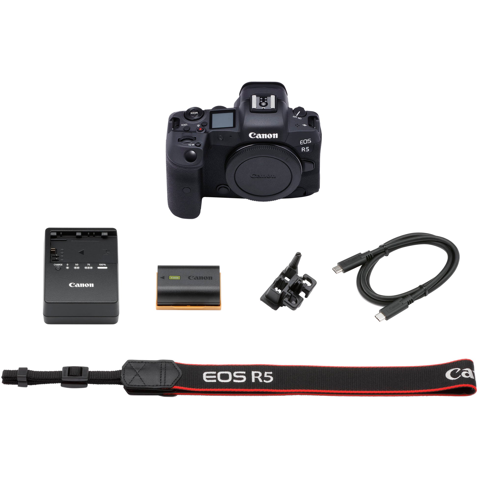 Canon EOS R5 mirrorless camera with 45MP sensor and 8K video.
