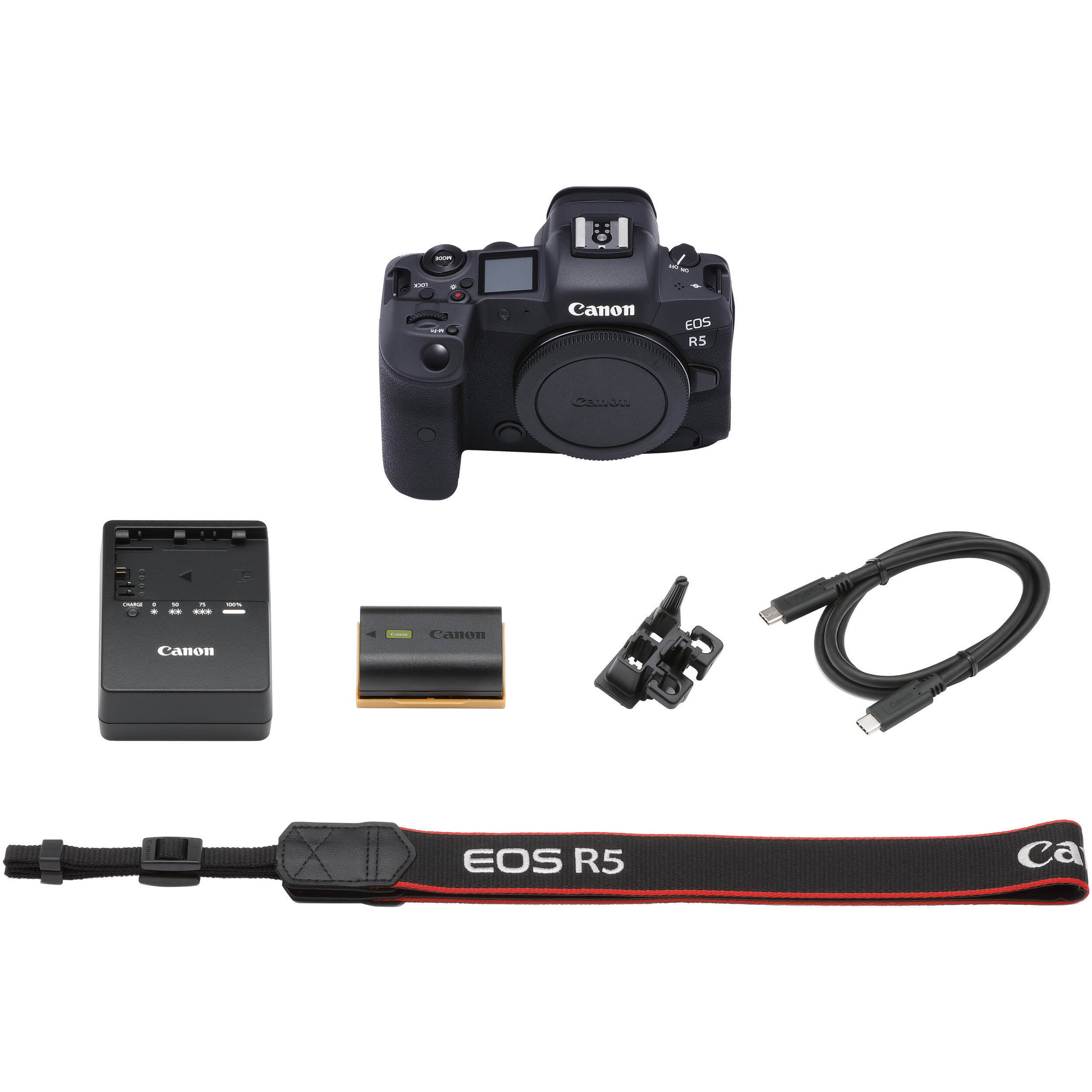 Canon EOS R5 mirrorless camera with 45MP sensor and 8K video.