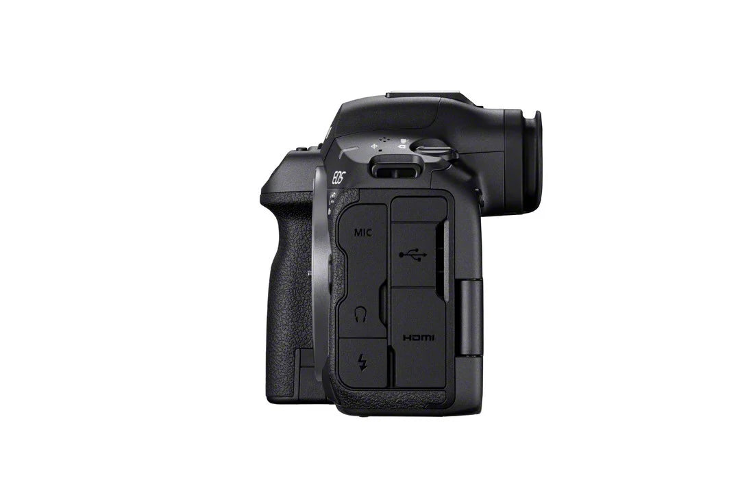 Black camera body on a white background