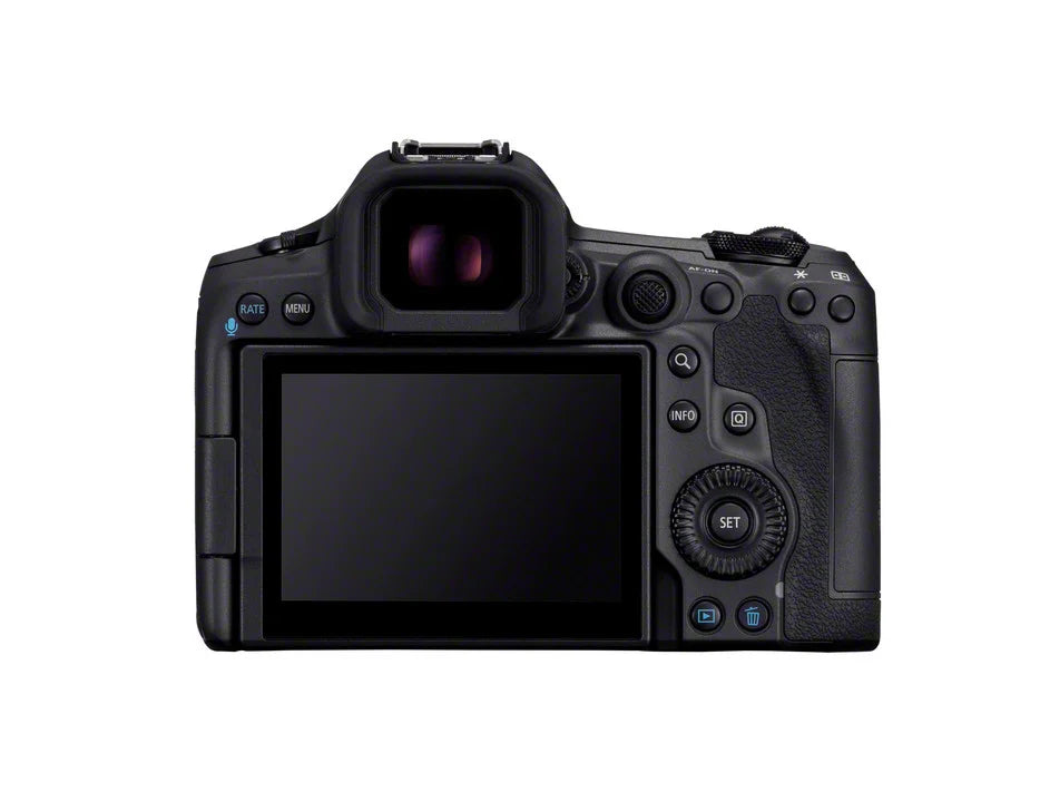 Back view of a black camera on a white background