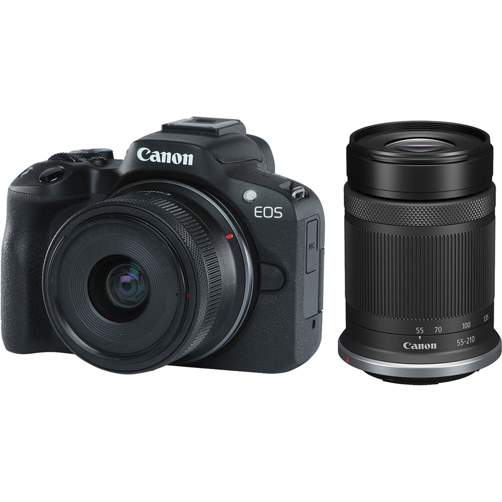Canon EOS R50 with 18-45mm and 55-210mm lenses and vari-angle touchscreen.