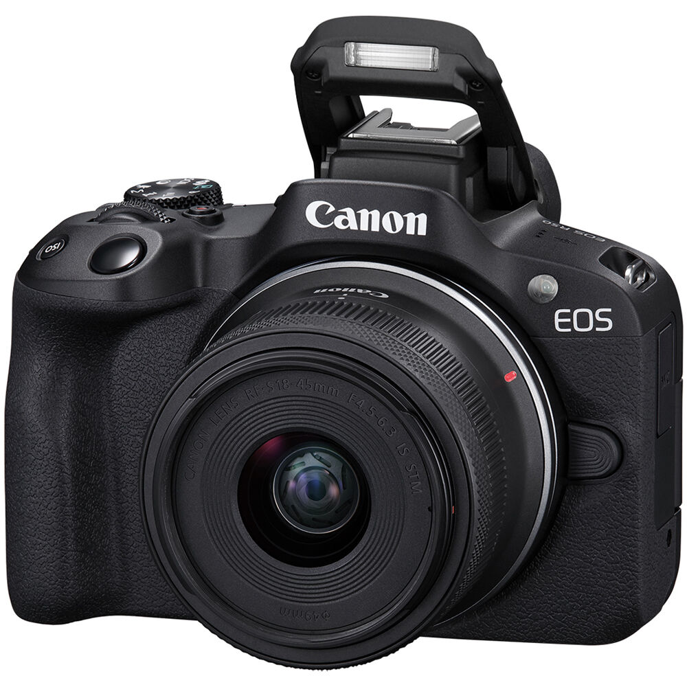 Canon EOS R50 with 18-45mm and 55-210mm lenses and vari-angle touchscreen.