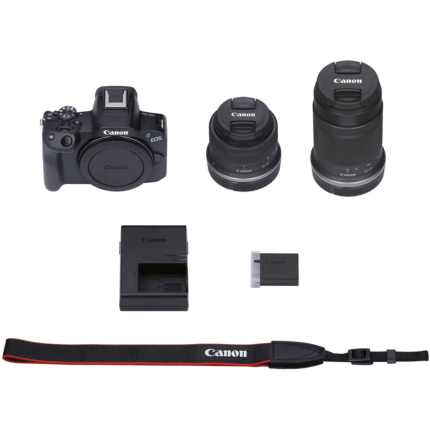 Canon EOS R50 with 18-45mm and 55-210mm lenses and vari-angle touchscreen.