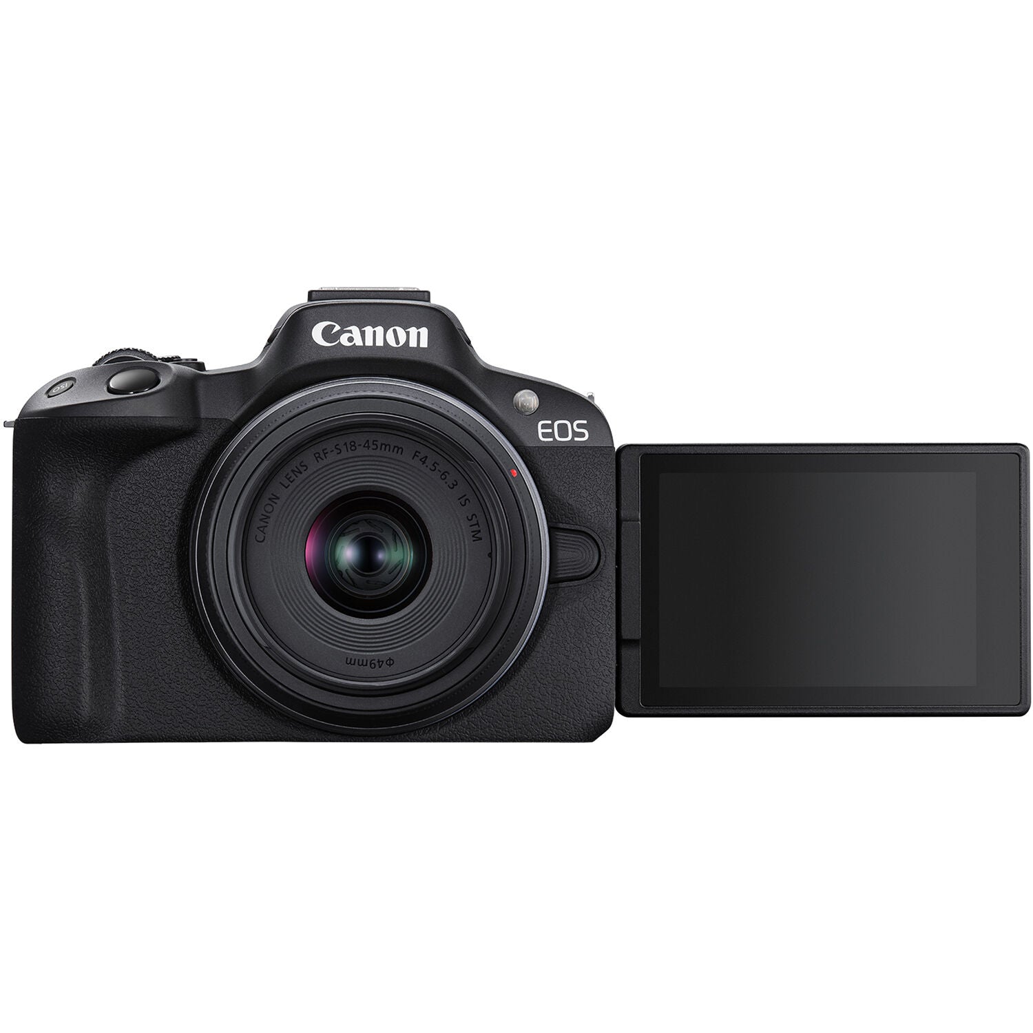 Canon EOS R50 with 18-45mm and 55-210mm lenses and vari-angle touchscreen.