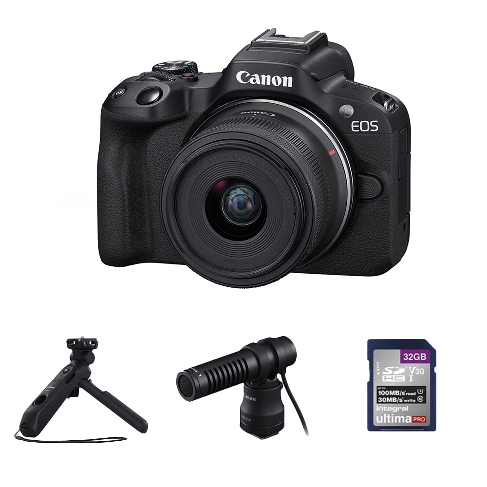 Canon EOS R50 Creator Kit with camera, mic, tripod grip, and 18-45mm lens.