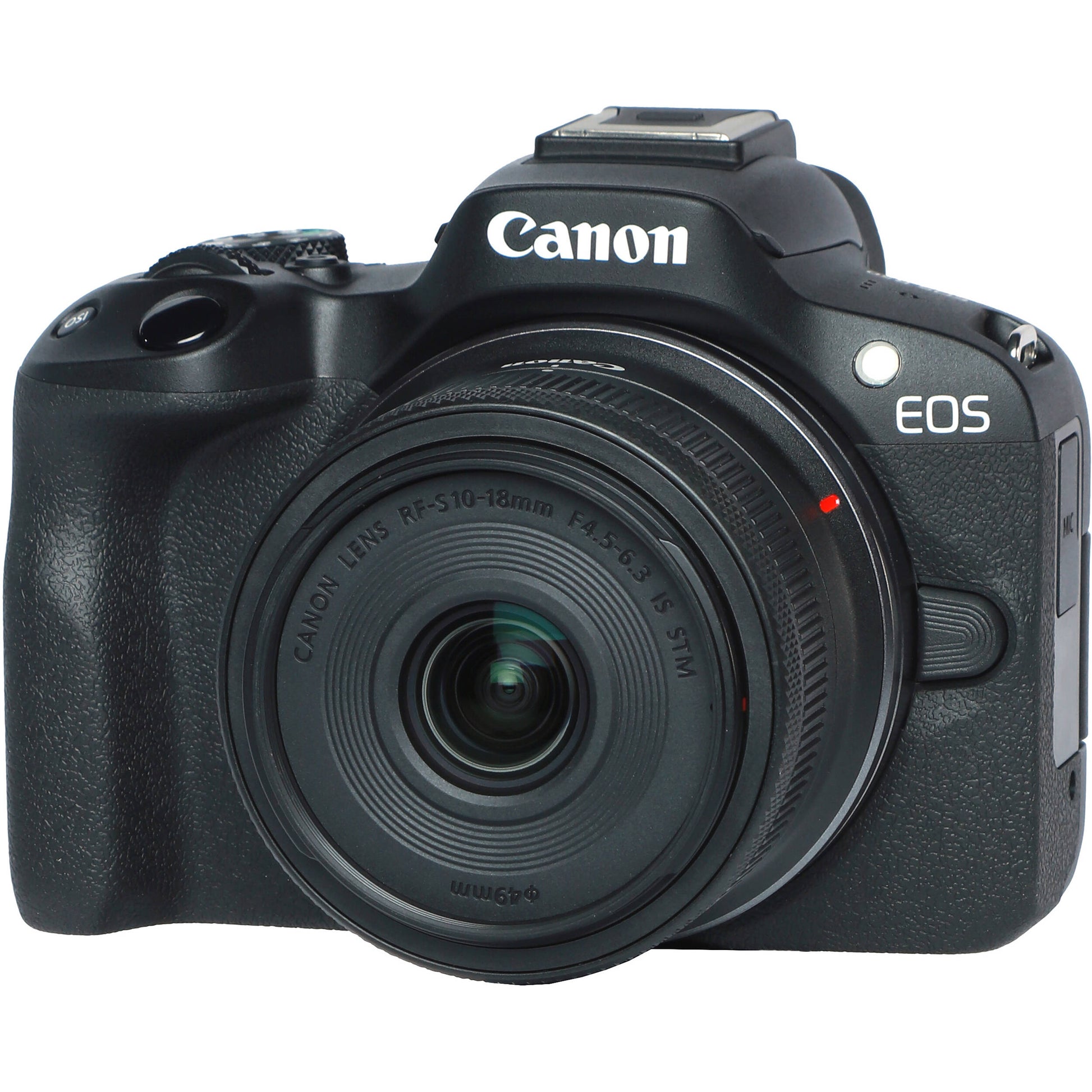 Canon EOS R50 Creator Kit with camera, mic, tripod grip, and 18-45mm lens.