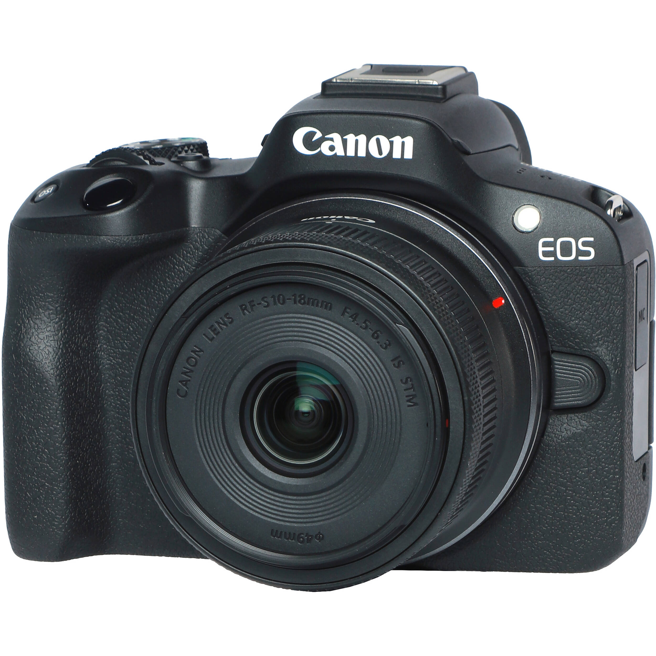 Canon EOS R50 Creator Kit with camera, mic, tripod grip, and 18-45mm lens.