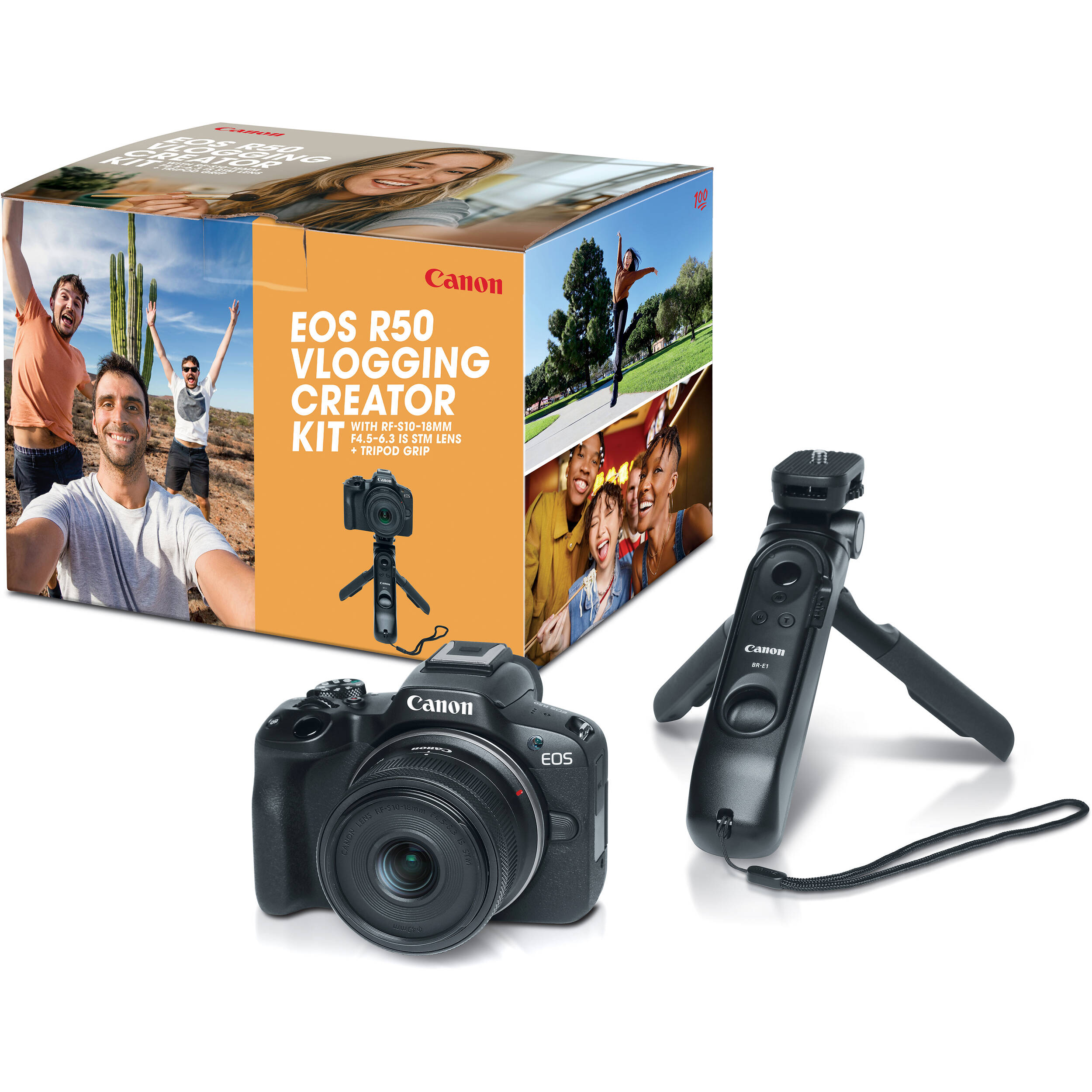 Canon EOS R50 Creator Kit with camera, mic, tripod grip, and 18-45mm lens.