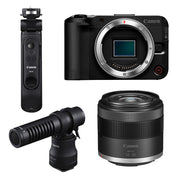 Canon EOS R50 V Content Creator Kit: 24.2MP APS-C sensor, DIGIC X processor, UHD 4K60p cropped video, 6K oversampling, Dual Pixel CMOS AF II, 3" vari-angle touchscreen, Canon Log 3, Wi-Fi, Bluetooth, vertical mount, and RF-S 14-30mm lens included.