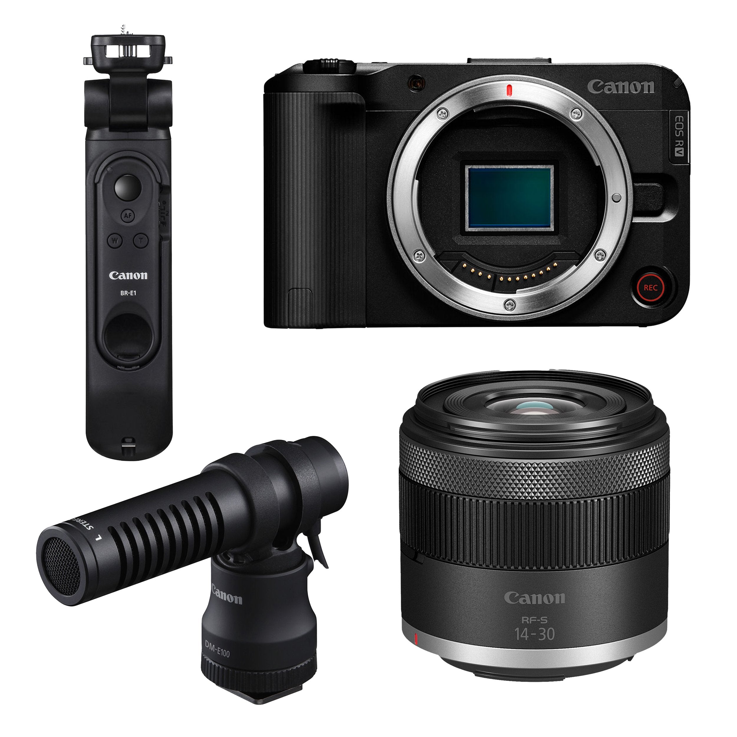 Canon EOS R50 V Content Creator Kit: 24.2MP APS-C sensor, DIGIC X processor, UHD 4K60p cropped video, 6K oversampling, Dual Pixel CMOS AF II, 3" vari-angle touchscreen, Canon Log 3, Wi-Fi, Bluetooth, vertical mount, and RF-S 14-30mm lens included.