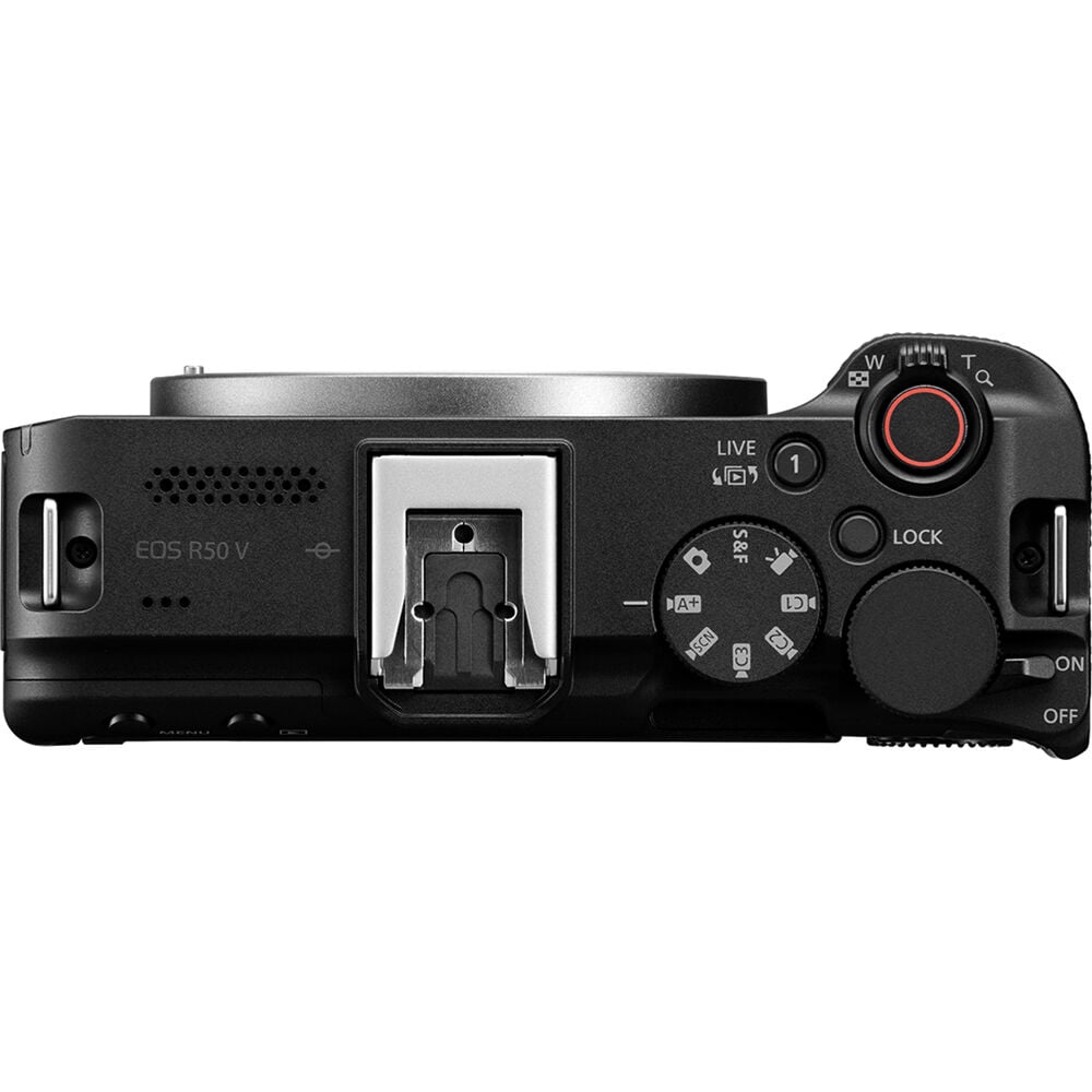 Canon EOS R50 V Content Creator Kit: 24.2MP APS-C sensor, DIGIC X processor, UHD 4K60p cropped video, 6K oversampling, Dual Pixel CMOS AF II, 3" vari-angle touchscreen, Canon Log 3, Wi-Fi, Bluetooth, vertical mount, and RF-S 14-30mm lens included.
