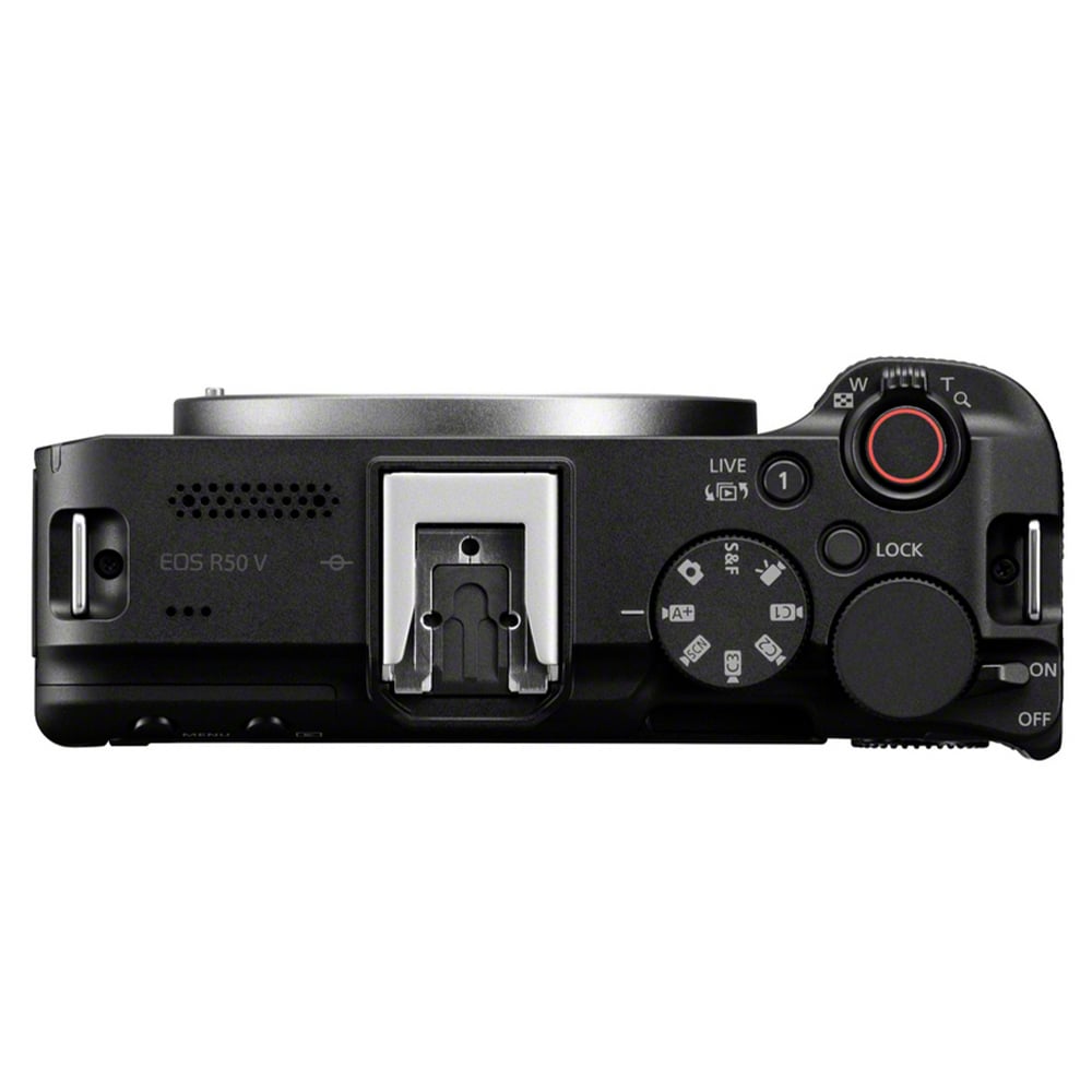 Canon EOS R50 V Mirrorless Camera: 24.2MP APS-C sensor, DIGIC X processor, Dual Pixel CMOS AF II, 4K 60p video, 6K oversampling, Full HD 120p slow motion, Canon Log 3, Wi-Fi, and interchangeable RF lenses.