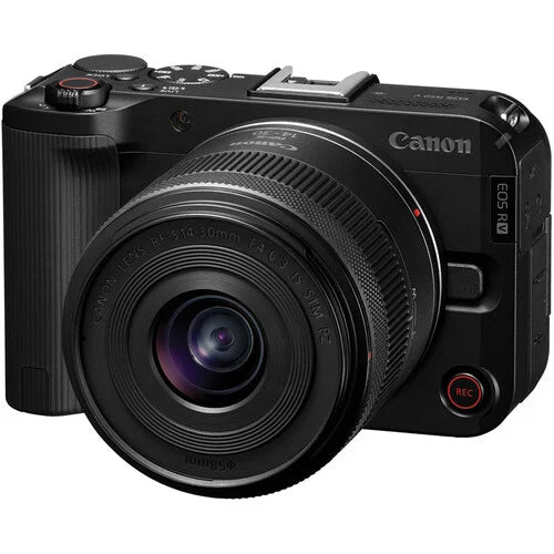 Canon EOS R50 V Mirrorless Camera + RF-S 14-30mm Lens: 24.2MP APS-C sensor, DIGIC X processor, 4K 60p video with 6K oversampling, Dual Pixel CMOS AF II, 3" vari-angle touchscreen, Wi-Fi, Bluetooth, RF-S 14-30mm f/4-6.3 IS STM PZ lens with power zoom and 5-stop stabilization included.