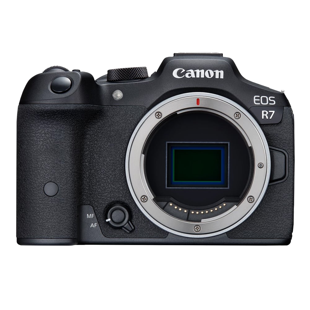 Canon EOS R7 Mirrorless Camera: 32.5MP APS-C sensor, DIGIC X processor, Dual Pixel CMOS AF II, 4K 60p video (7K oversampled), 30fps burst, 7-stop IBIS, AF tracking for humans and animals, supports EF/EF-S lenses with adapter.