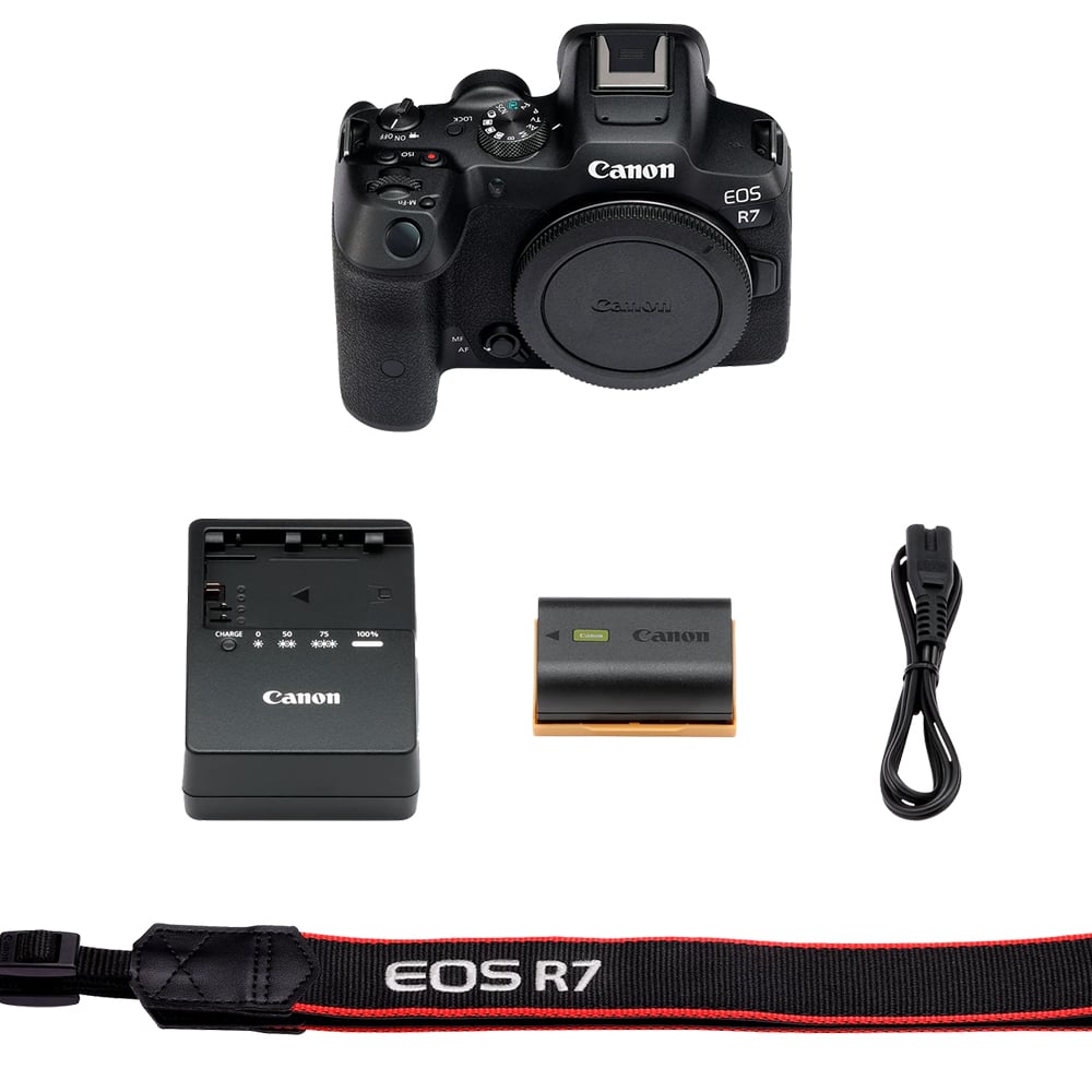 Canon EOS R7 Mirrorless Camera: 32.5MP APS-C sensor, DIGIC X processor, Dual Pixel CMOS AF II, 4K 60p video (7K oversampled), 30fps burst, 7-stop IBIS, AF tracking for humans and animals, supports EF/EF-S lenses with adapter.