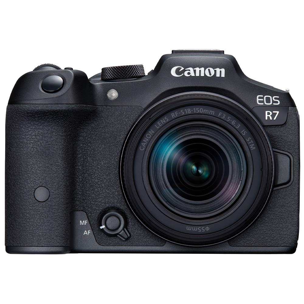 Canon EOS R7 Mirrorless Camera + RF-S 18-150mm Lens: 32.5MP APS-C sensor, DIGIC X processor, 4K 60p video (7K oversampled), 30fps burst, 7-stop IBIS, Dual Pixel CMOS AF II with AI tracking, RF-S 18-150mm f/3.5-6.3 IS STM lens with 4.5-stop stabilization included.