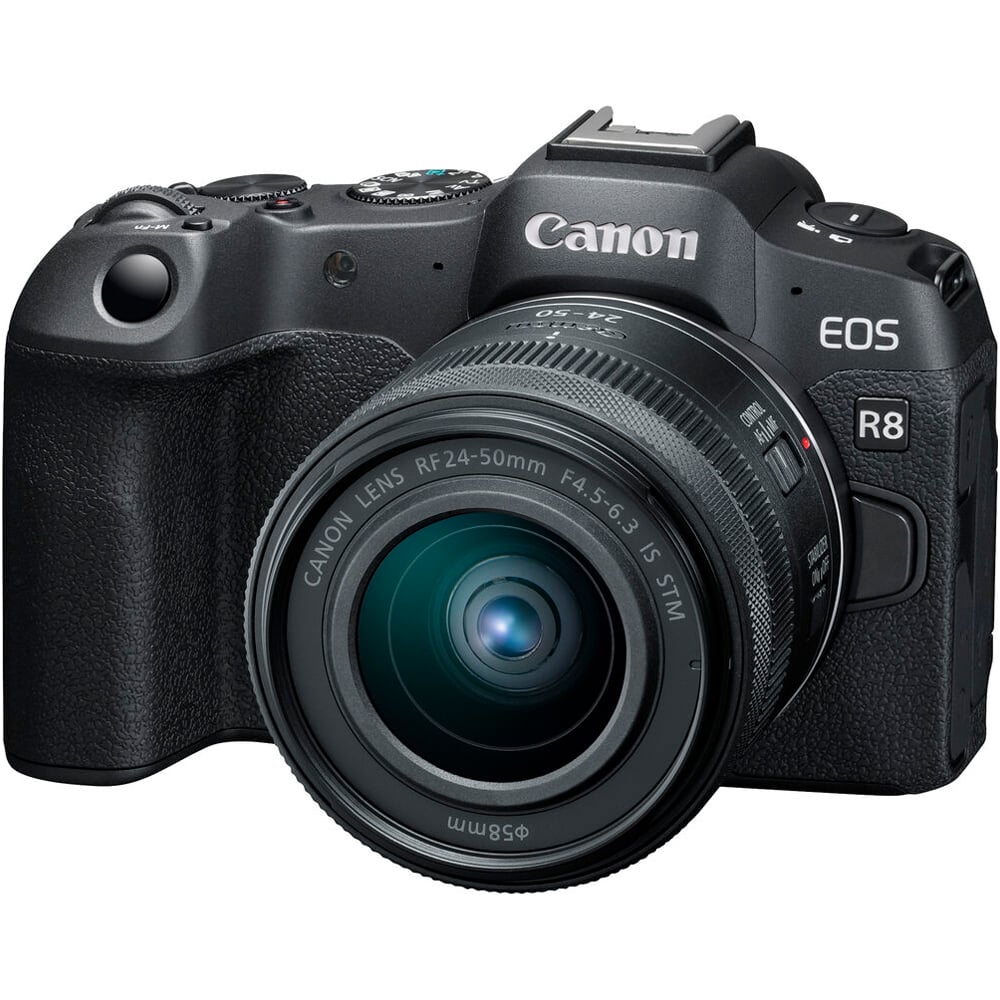 Canon EOS R8 with 24-50mm lens for vlogging and travel.