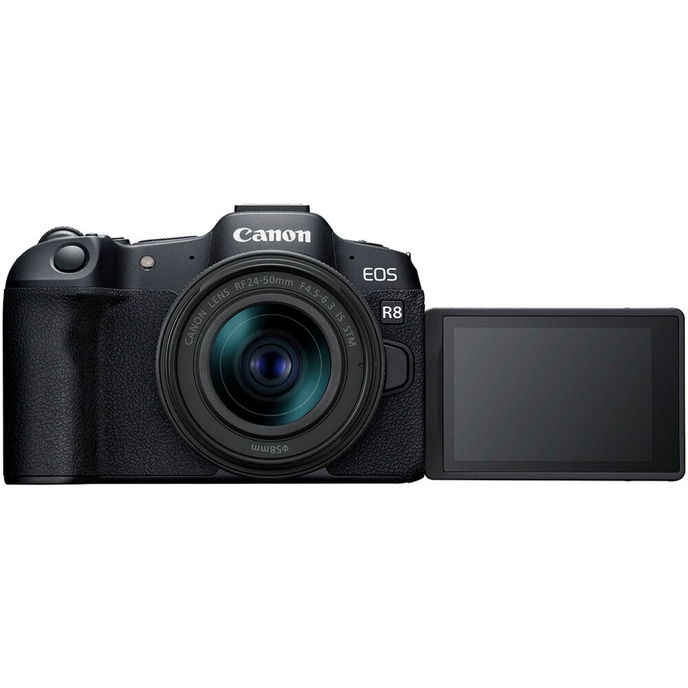 Canon EOS R8 with 24-50mm lens for vlogging and travel.