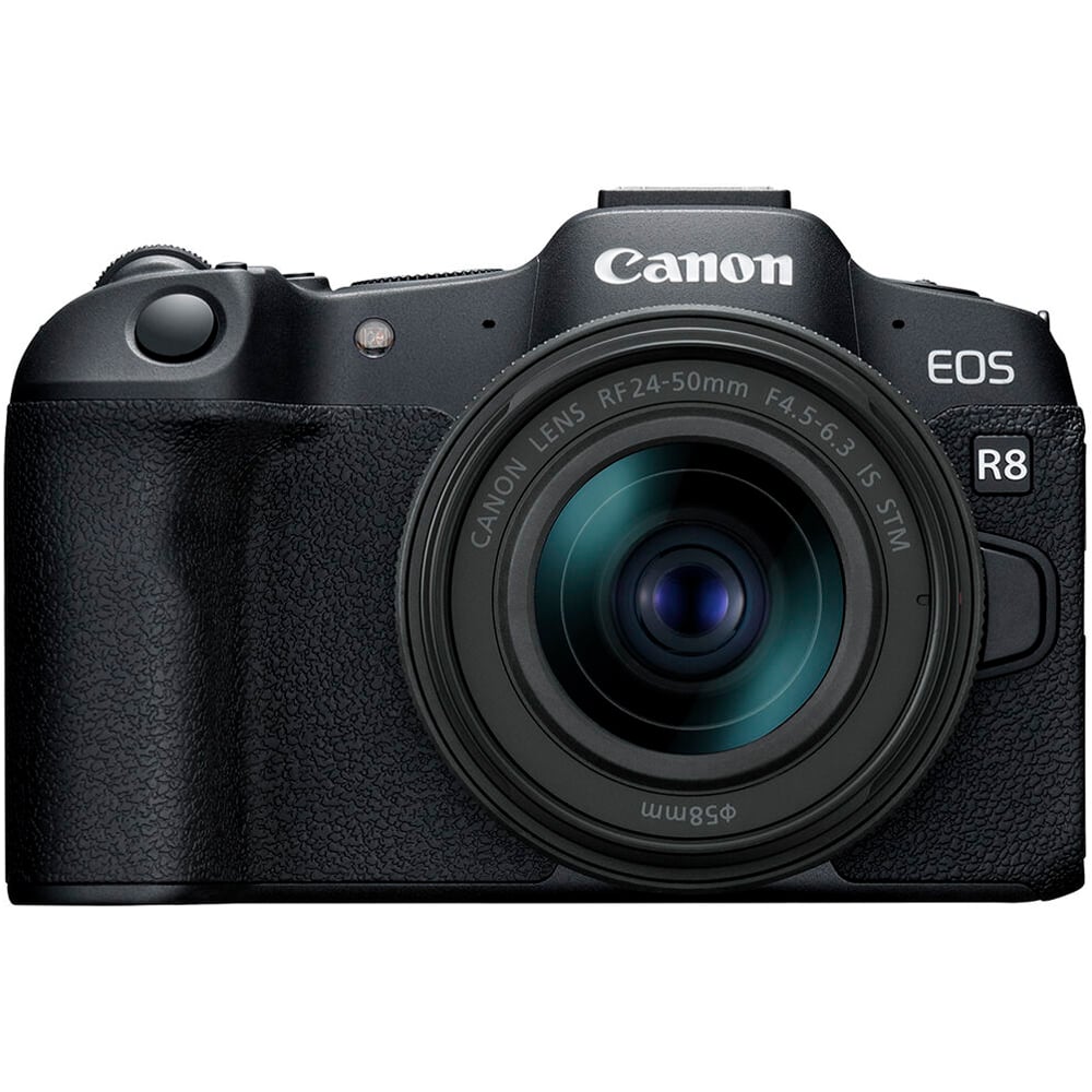 Canon EOS R8 with 24-50mm lens for vlogging and travel.