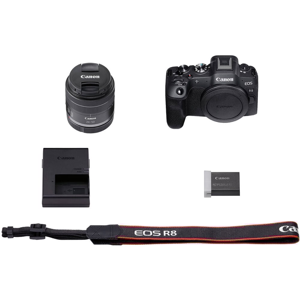 Canon EOS R8 with 24-50mm lens for vlogging and travel.