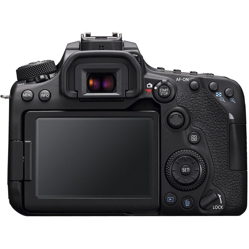 Back view of a black camera on a white background