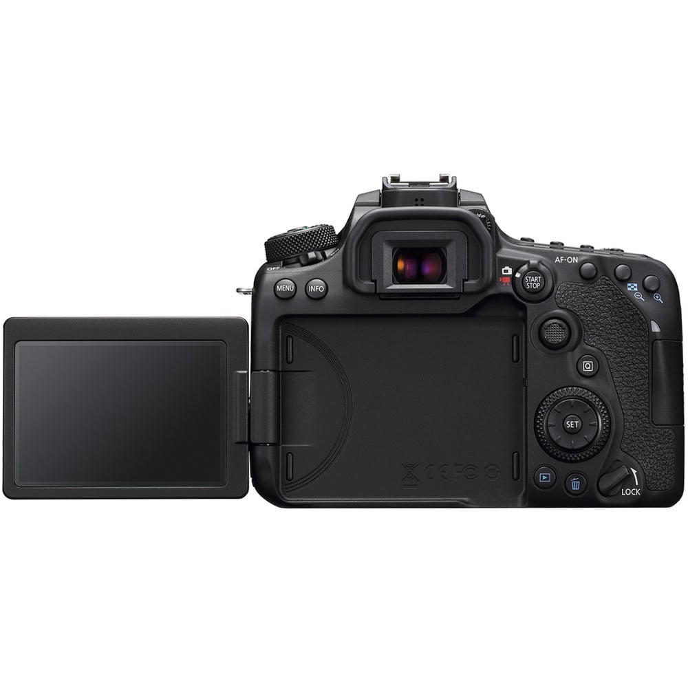 Black camera body with flip-out screen on a white background