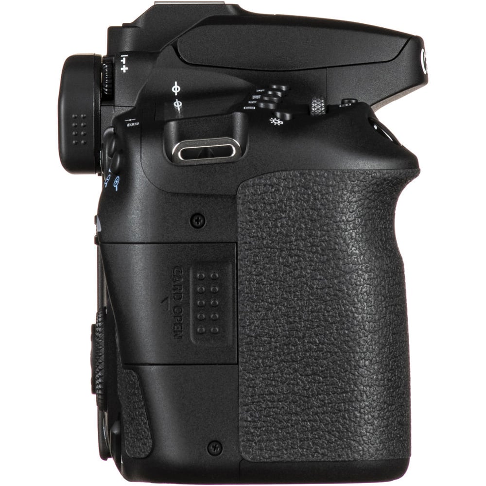 Black camera body with textured grip on a white background