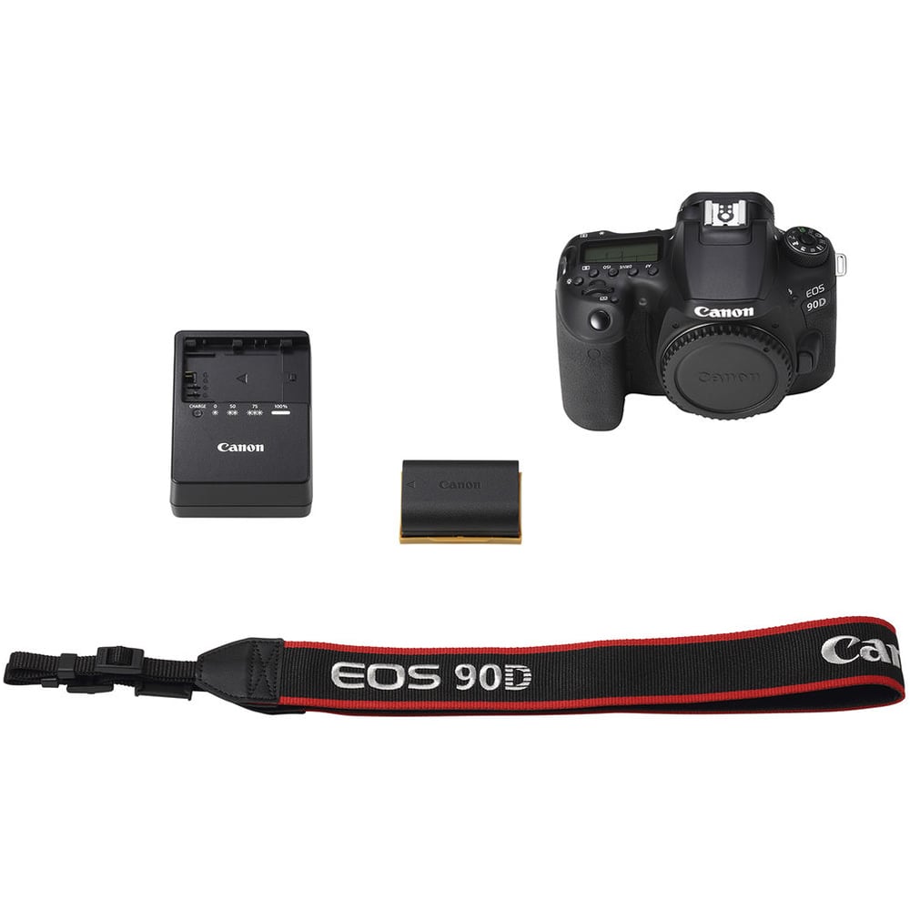 Canon EOS 90D camera with battery and charger on a white background