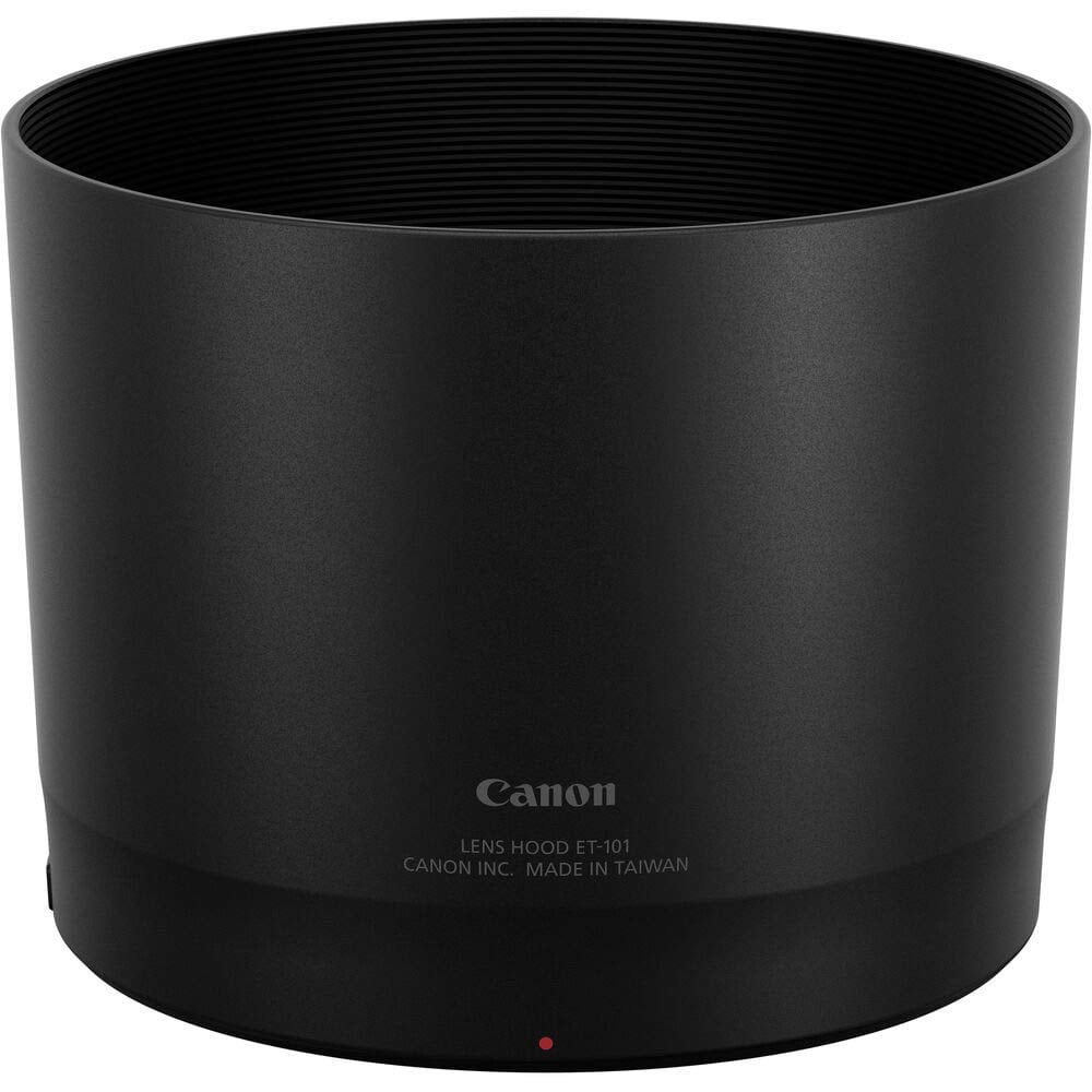 Black Canon lens hood on a white background