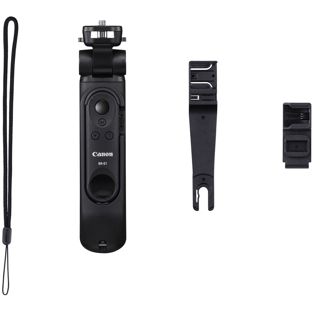 Canon HG‑100TBR Tripod Grip—black and dark grey handheld grip with 1/4‑inch tripod threads, ergonomic textured body, wrist strap attachment, and collapsible design for tripod and gimbal support.