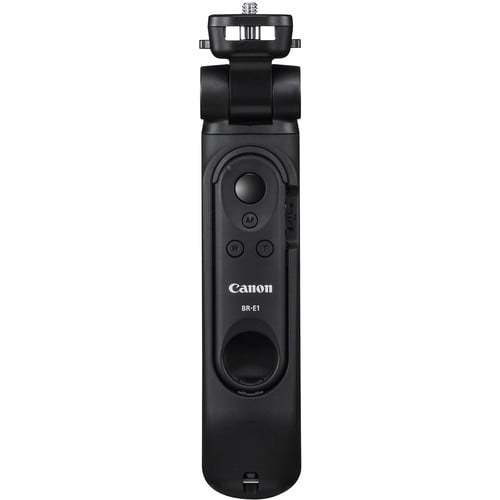 Canon HG‑100TBR Tripod Grip—black and dark grey handheld grip with 1/4‑inch tripod threads, ergonomic textured body, wrist strap attachment, and collapsible design for tripod and gimbal support.