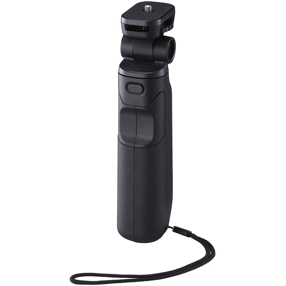 Canon HG‑100TBR Tripod Grip—black and dark grey handheld grip with 1/4‑inch tripod threads, ergonomic textured body, wrist strap attachment, and collapsible design for tripod and gimbal support.