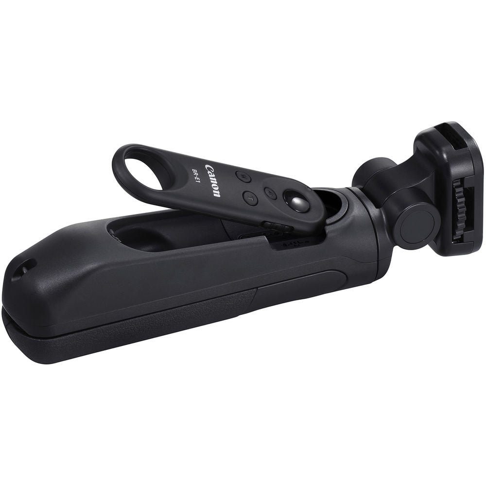 Canon HG‑100TBR Tripod Grip—black and dark grey handheld grip with 1/4‑inch tripod threads, ergonomic textured body, wrist strap attachment, and collapsible design for tripod and gimbal support.