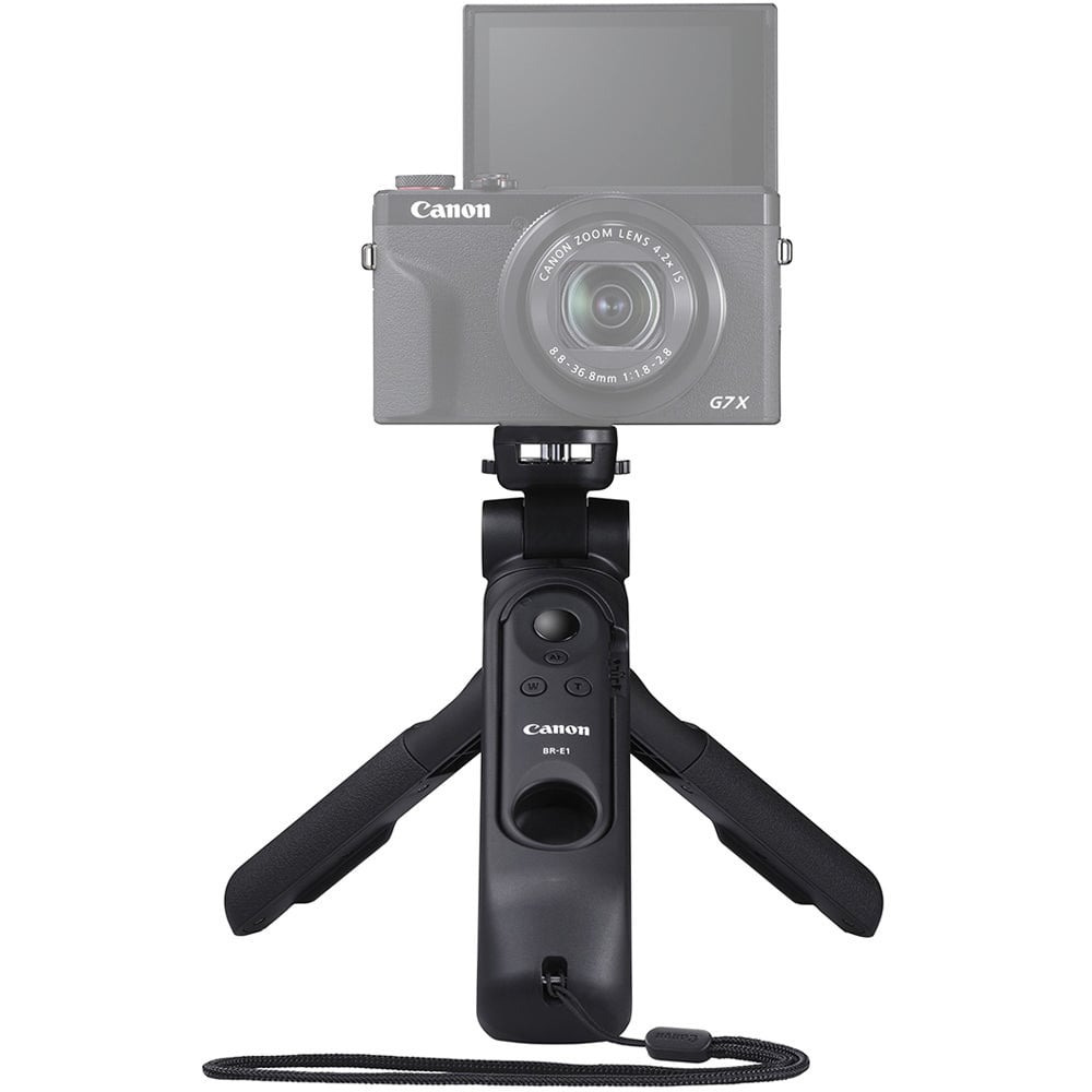 Canon HG‑100TBR Tripod Grip—black and dark grey handheld grip with 1/4‑inch tripod threads, ergonomic textured body, wrist strap attachment, and collapsible design for tripod and gimbal support.