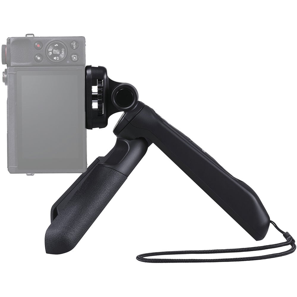 Canon HG‑100TBR Tripod Grip—black and dark grey handheld grip with 1/4‑inch tripod threads, ergonomic textured body, wrist strap attachment, and collapsible design for tripod and gimbal support.
