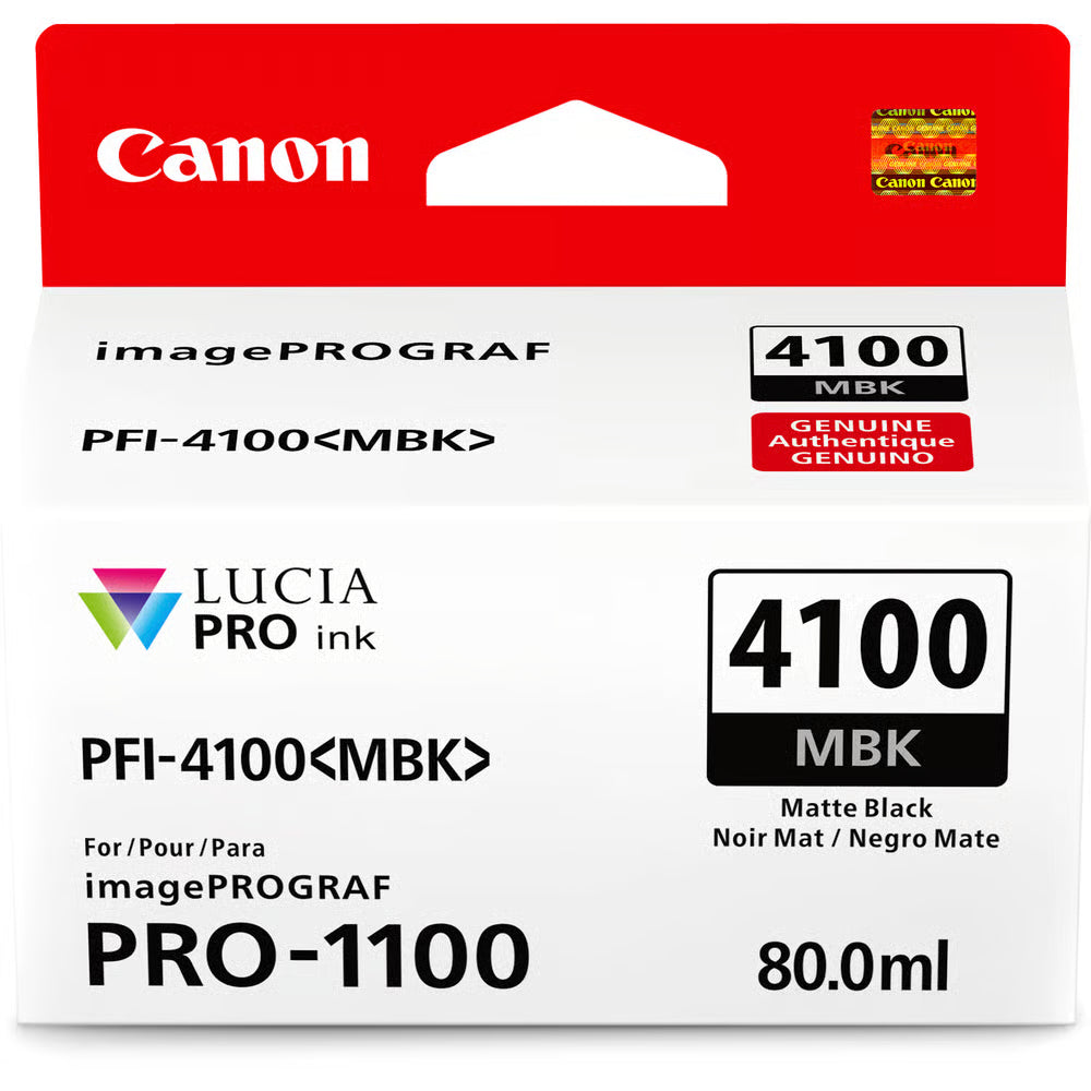 The matt black Canon PFI-4100 ink allows you to print up to 90 photos in A2 size, offering exceptional durability for high-quality, professional prints.