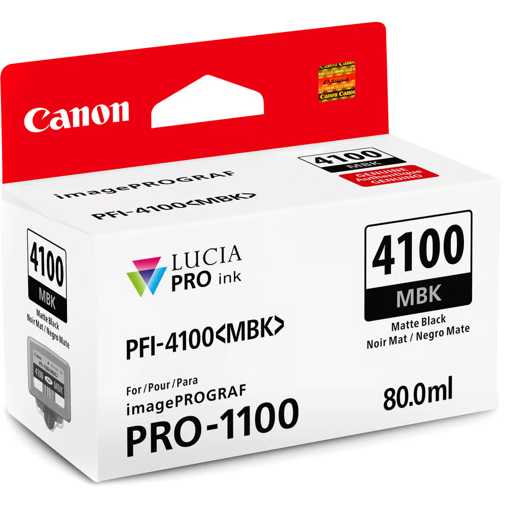 The matt black Canon PFI-4100 ink allows you to print up to 90 photos in A2 size, offering exceptional durability for high-quality, professional prints.