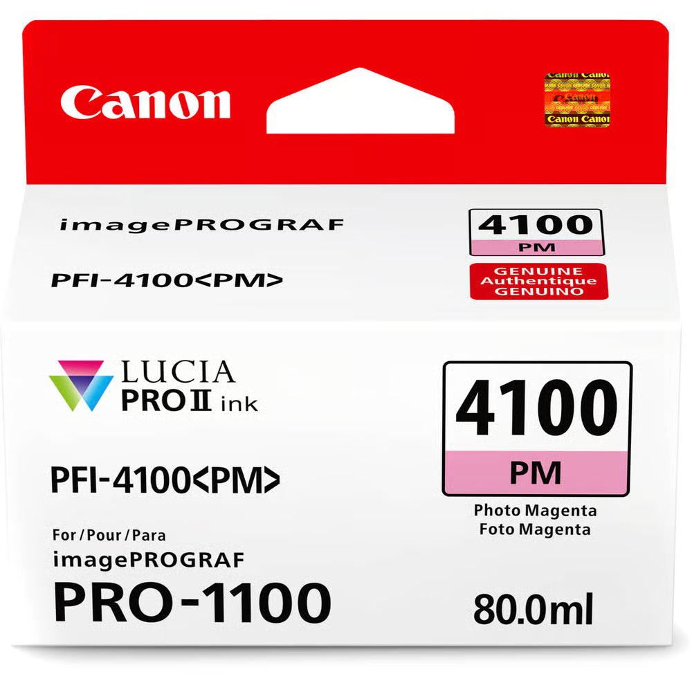 Canon PFI-4100 Photo Magenta ink, featuring Lucia pigment technology, delivers professional-grade prints with stunning colours and scratch resistance.