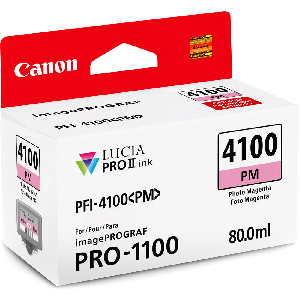 Canon PFI-4100 Photo Magenta ink, featuring Lucia pigment technology, delivers professional-grade prints with stunning colours and scratch resistance.
