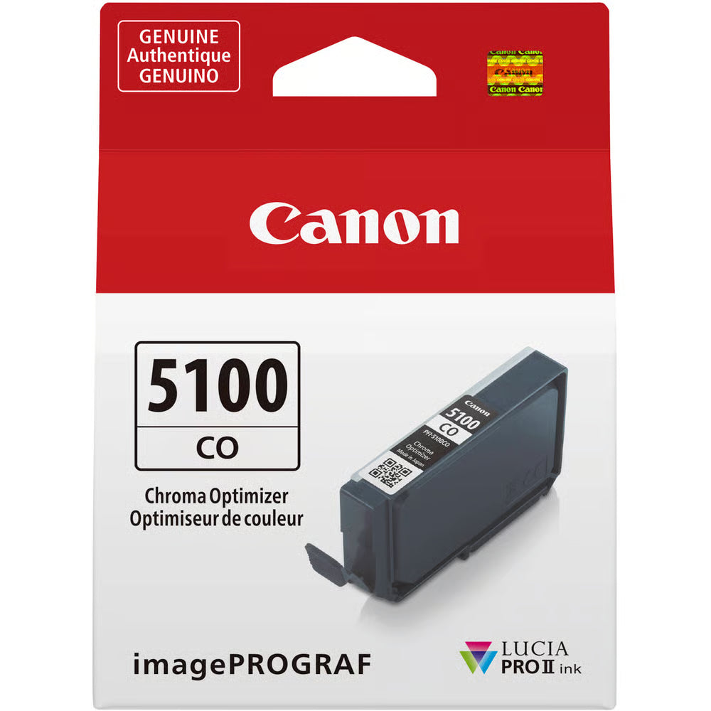 The Canon PFI-5100 Chroma Optimiser Ink Cartridge improves gloss uniformity, enhances vibrancy, and flattens the surface for perfect photo finishes.