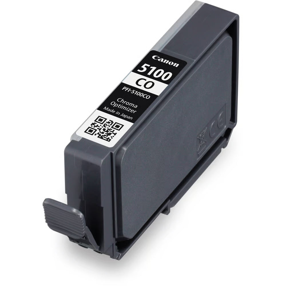 The Canon PFI-5100 Chroma Optimiser Ink Cartridge improves gloss uniformity, enhances vibrancy, and flattens the surface for perfect photo finishes.