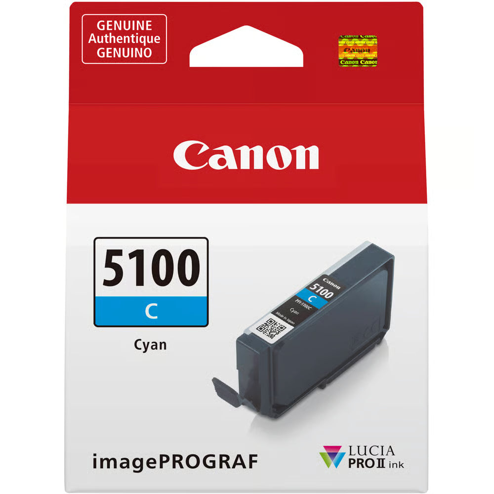The Canon PFI-5100 Cyan Ink Cartridge for Pro-310 produces vibrant blues and cool tones with outstanding clarity for skies, water, and scenic landscapes.