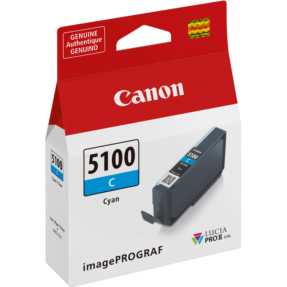 The Canon PFI-5100 Cyan Ink Cartridge for Pro-310 produces vibrant blues and cool tones with outstanding clarity for skies, water, and scenic landscapes.