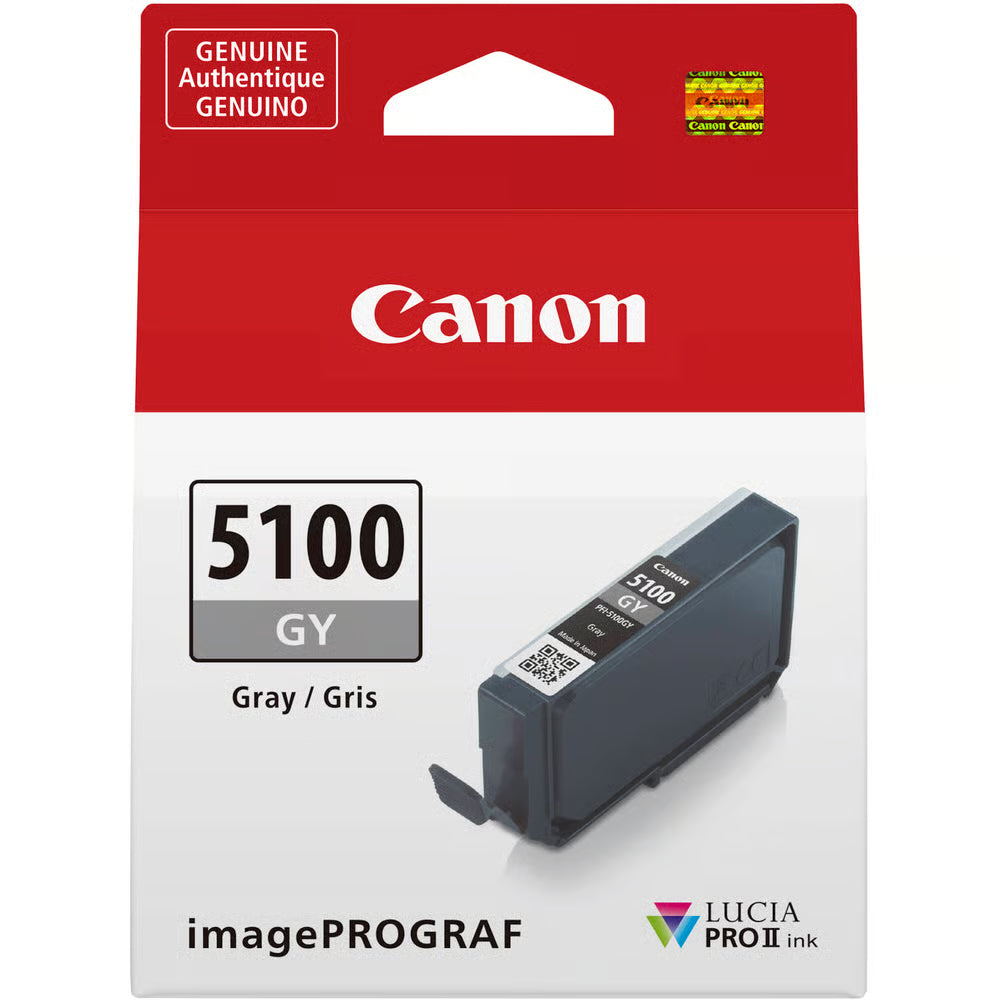 The Canon PFI-5100 Grey Ink Cartridge for Pro-310 offers smooth gradation and neutral greys, ideal for black-and-white photography and fine detail work.