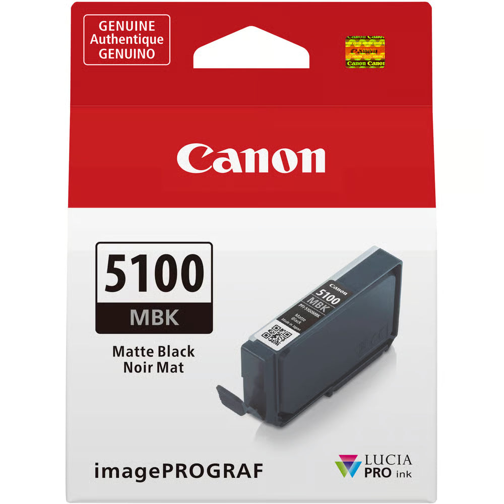 The Canon PFI-5100 Matte Black Ink Cartridge for Pro-310 delivers deep, rich blacks on matte media, perfect for fine art and smooth monochrome gradients.