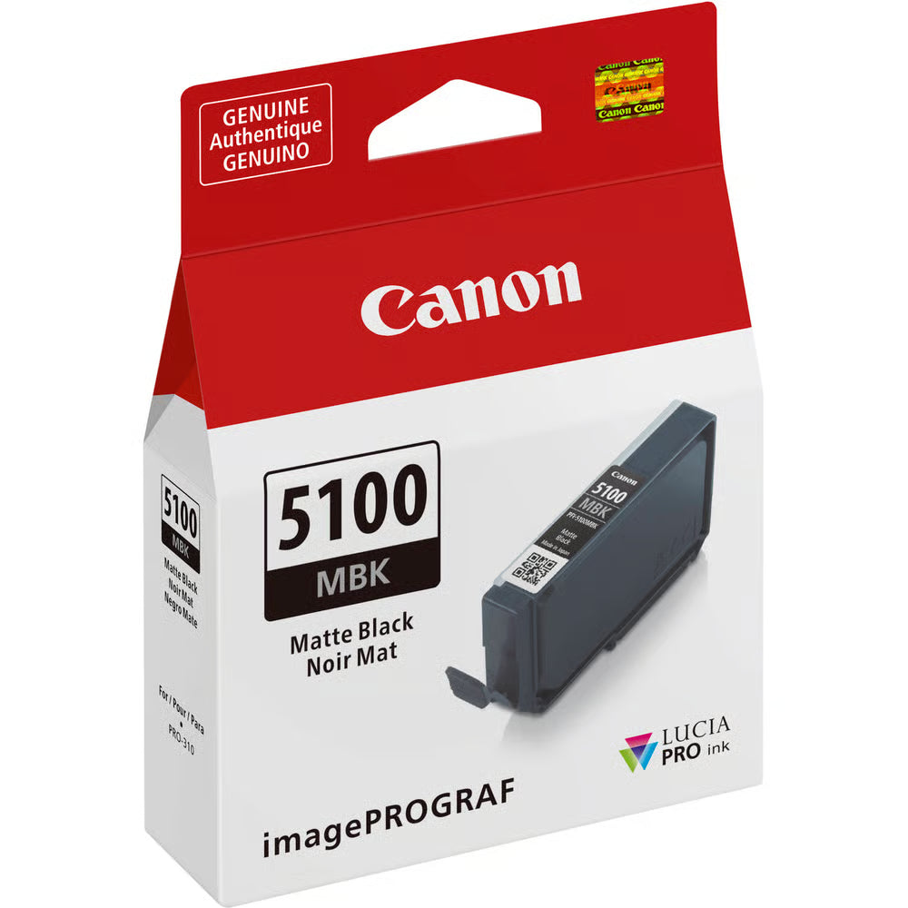 The Canon PFI-5100 Matte Black Ink Cartridge for Pro-310 delivers deep, rich blacks on matte media, perfect for fine art and smooth monochrome gradients.